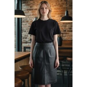 Vintage Pelle Cuir Black Leather Midi Skirt Size 14 Front Zip Fly